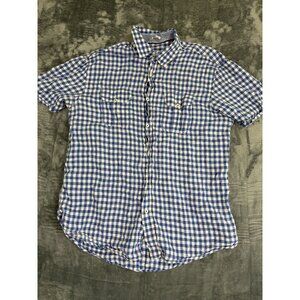 Bugatchi Mens Large Checkered Linen Button-Up Shirt Blue/White